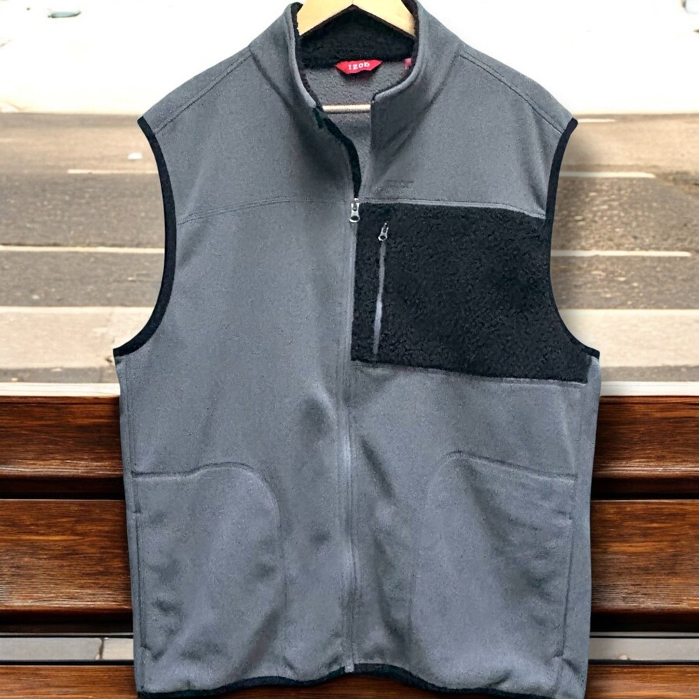 IZOD Mens Fleece Vest Gray Black Full Zip Sleeveless‎ Pockets Outdoor